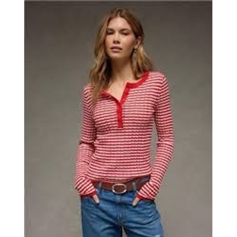American Eagle Womens Henley Top S Red White Striped Pointelle Long Sleeve